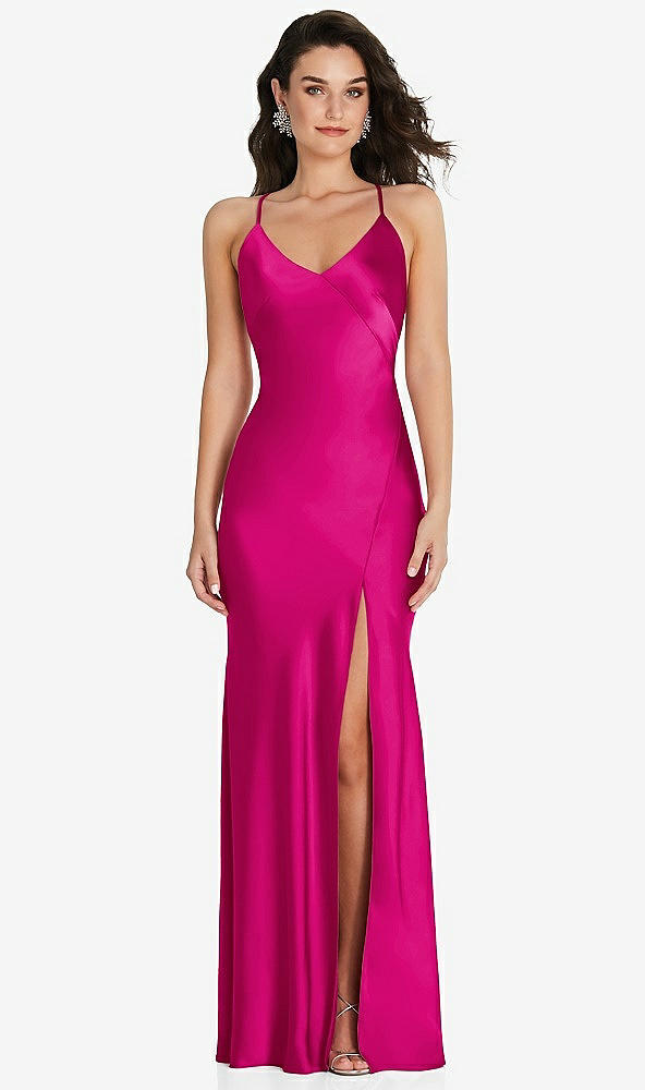 Front View - Think Pink V-Neck Convertible Strap Bias Slip Dress with Front Slit