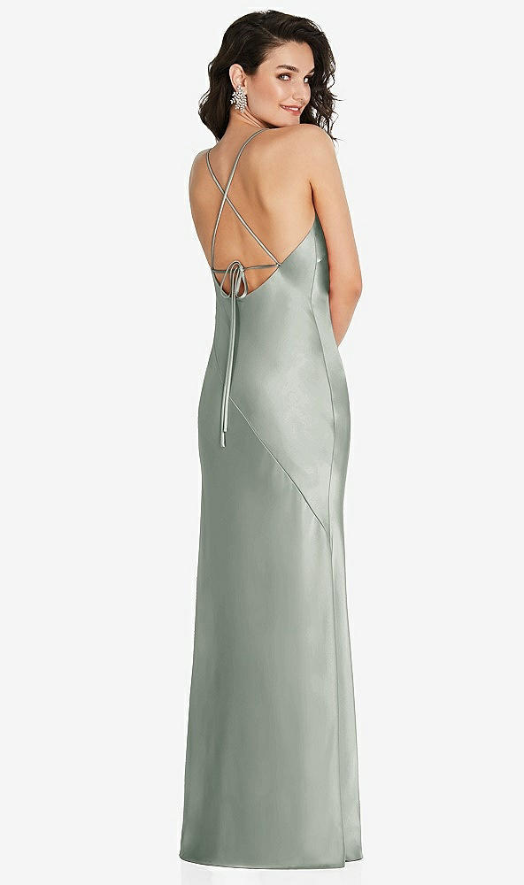 Back View - Willow Green V-Neck Convertible Strap Bias Slip Dress with Front Slit