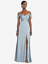 Alt View 1 Thumbnail - Mist Off-the-Shoulder Flounce Sleeve Empire Waist Gown with Front Slit