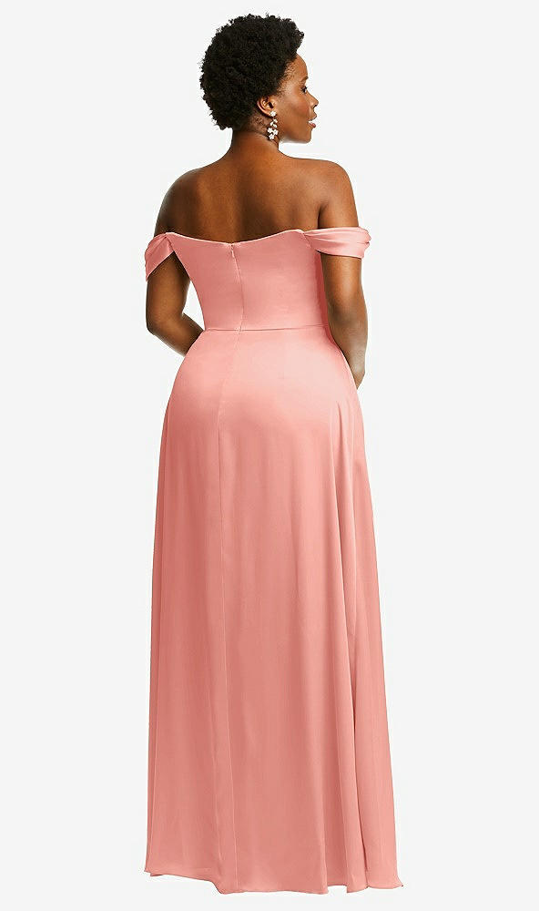 Back View - Rose - PANTONE Rose Quartz Off-the-Shoulder Flounce Sleeve Empire Waist Gown with Front Slit