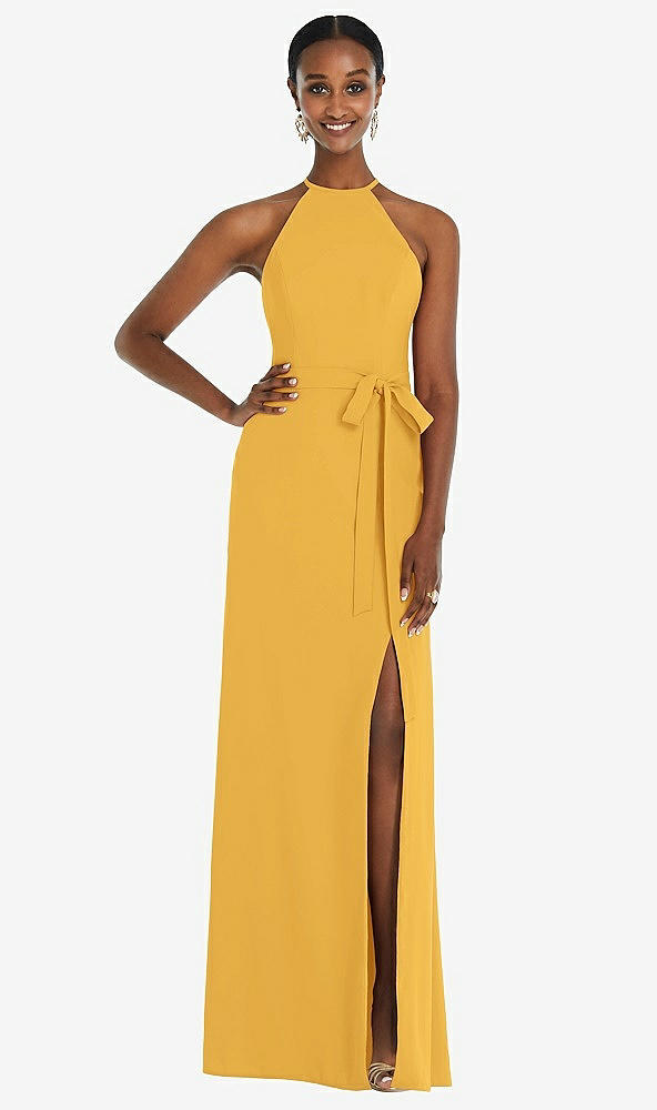 Back View - NYC Yellow Halter Criss Cross Cutout Back Maxi Dress