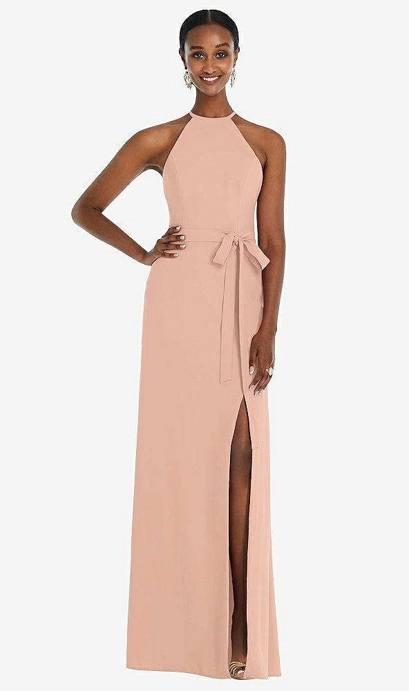 Back View - Pale Peach Halter Criss Cross Cutout Back Maxi Dress