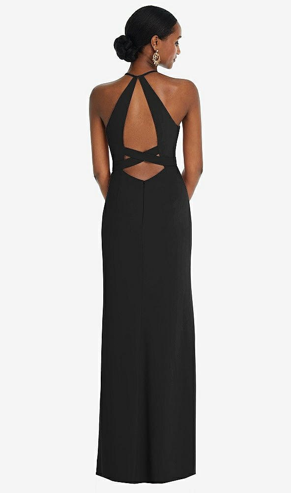 Front View - Black Halter Criss Cross Cutout Back Maxi Dress