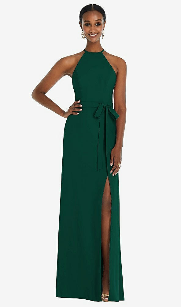 Back View - Hunter Green Halter Criss Cross Cutout Back Maxi Dress