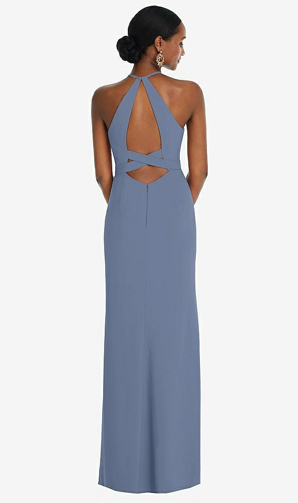 Front View - Larkspur Blue Halter Criss Cross Cutout Back Maxi Dress