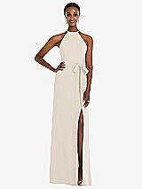 Rear View Thumbnail - Oat Halter Criss Cross Cutout Back Maxi Dress