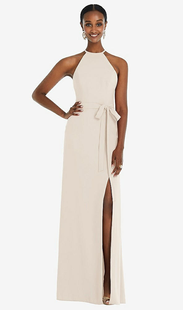 Back View - Oat Halter Criss Cross Cutout Back Maxi Dress