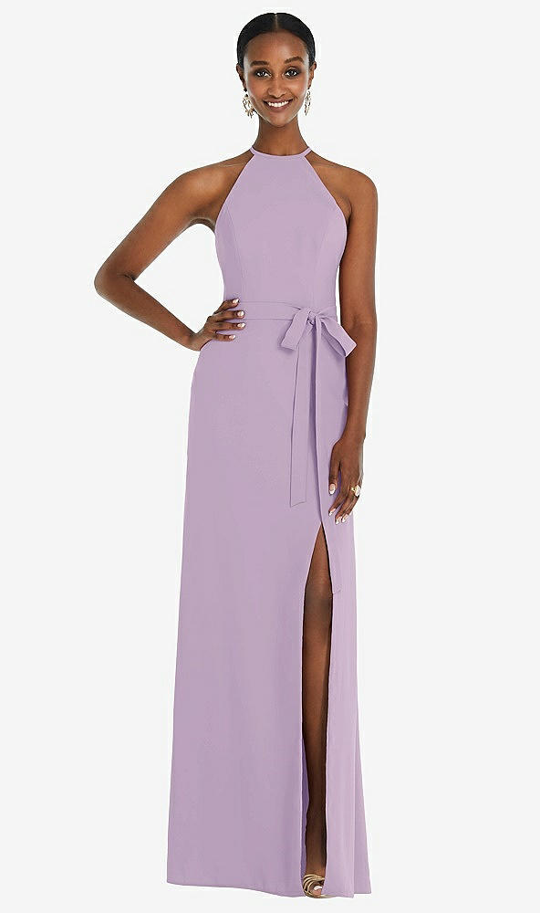 Back View - Pale Purple Halter Criss Cross Cutout Back Maxi Dress