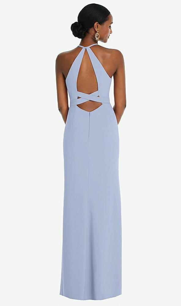 Front View - Sky Blue Halter Criss Cross Cutout Back Maxi Dress