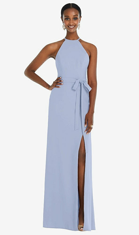 Back View - Sky Blue Halter Criss Cross Cutout Back Maxi Dress