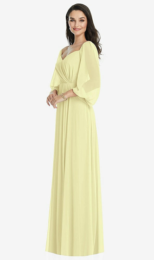 Front View - Butter Yellow Off-the-Shoulder Puff Sleeve Maxi Dress with Front Slit