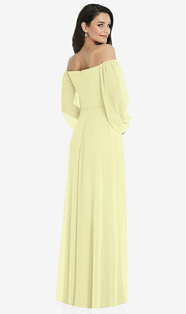 Back View - Butter Yellow Off-the-Shoulder Puff Sleeve Maxi Dress with Front Slit