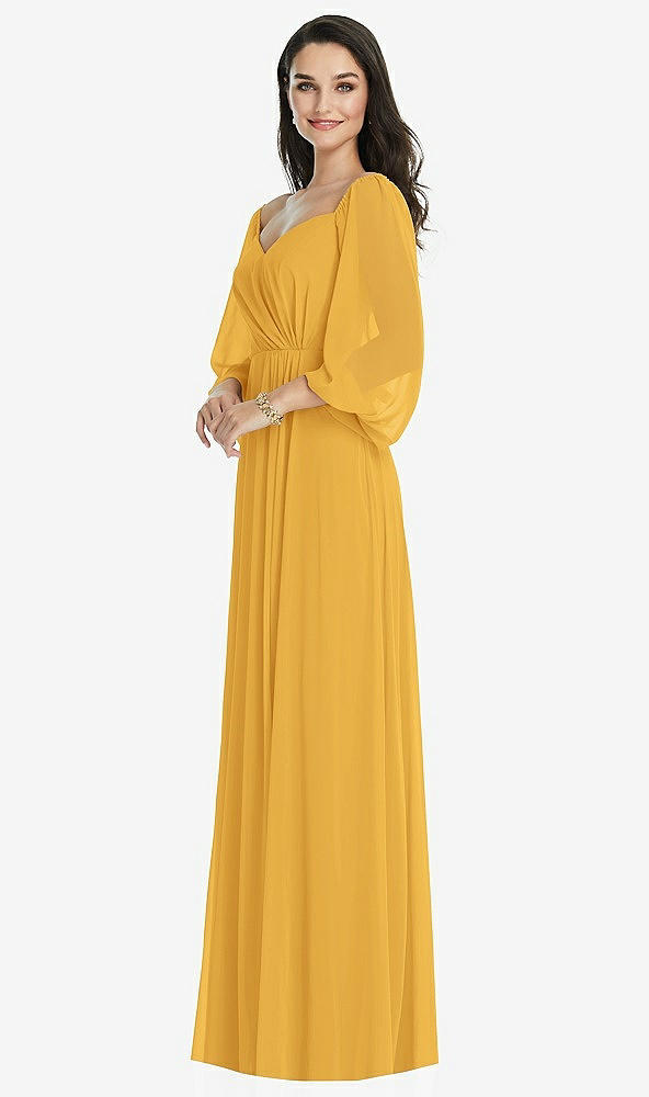 Front View - NYC Yellow Off-the-Shoulder Puff Sleeve Maxi Dress with Front Slit