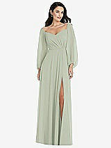 Alt View 1 Thumbnail - Celadon Off-the-Shoulder Puff Sleeve Maxi Dress with Front Slit