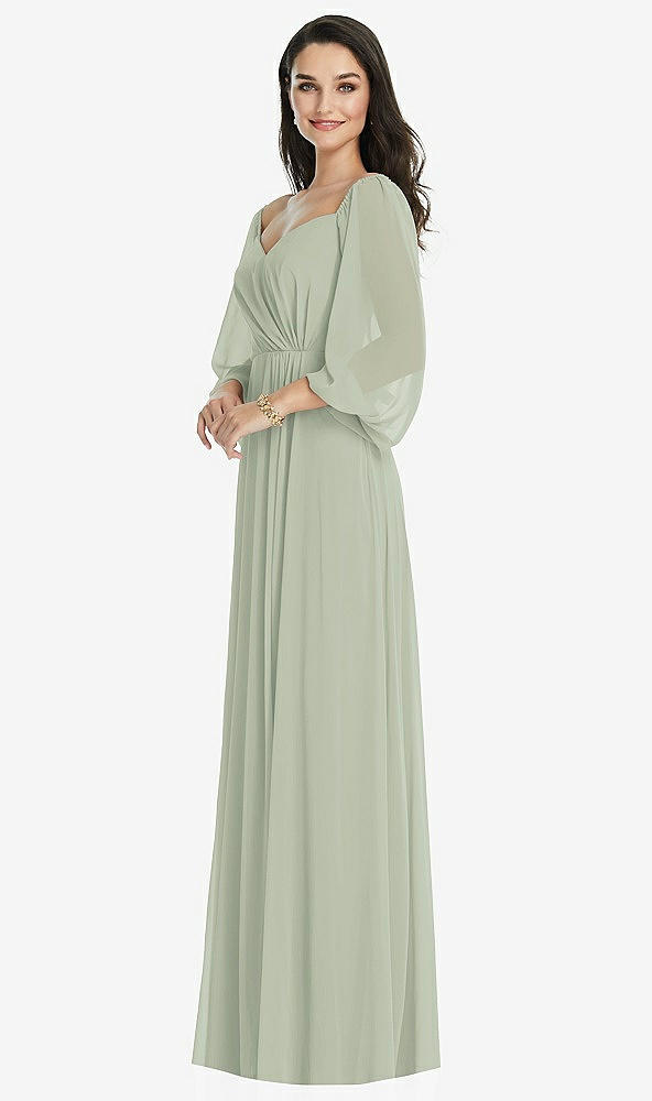 Front View - Celadon Off-the-Shoulder Puff Sleeve Maxi Dress with Front Slit