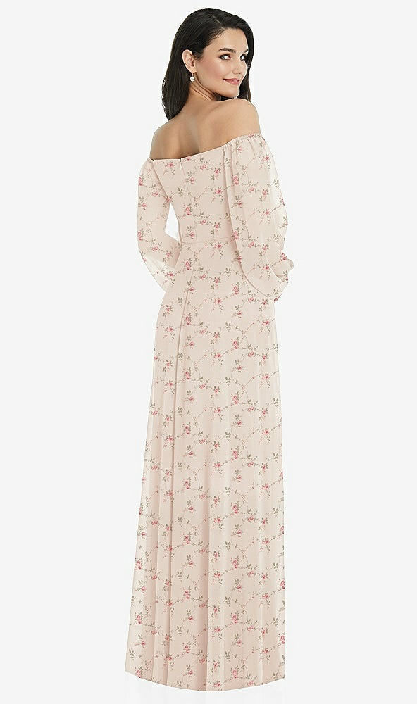 Back View - Coquette Floral Print Off-the-Shoulder Puff Sleeve Maxi Dress with Front Slit