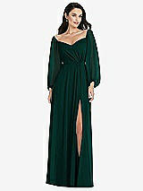 Alt View 1 Thumbnail - Evergreen Off-the-Shoulder Puff Sleeve Maxi Dress with Front Slit