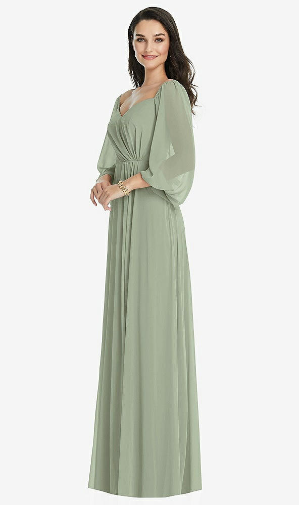 Front View - Sage Off-the-Shoulder Puff Sleeve Maxi Dress with Front Slit