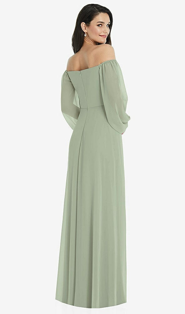 Back View - Sage Off-the-Shoulder Puff Sleeve Maxi Dress with Front Slit