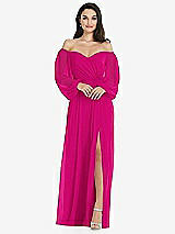 Side View Thumbnail - Think Pink Off-the-Shoulder Puff Sleeve Maxi Dress with Front Slit