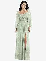 Alt View 1 Thumbnail - Vintage Primrose Sage Off-the-Shoulder Puff Sleeve Maxi Dress with Front Slit