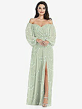 Side View Thumbnail - Vintage Primrose Sage Off-the-Shoulder Puff Sleeve Maxi Dress with Front Slit