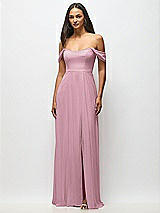 Alt View 4 Thumbnail - Dusty Pink Off-the-Shoulder Basque Neck Maxi Dress with Flounce Sleeves