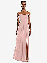 Front View Thumbnail - Rose - PANTONE Rose Quartz Off-the-Shoulder Basque Neck Maxi Dress with Flounce Sleeves