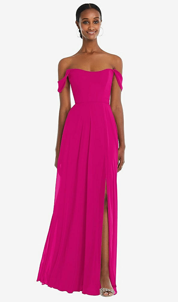 Front View - Think Pink Off-the-Shoulder Basque Neck Maxi Dress with Flounce Sleeves