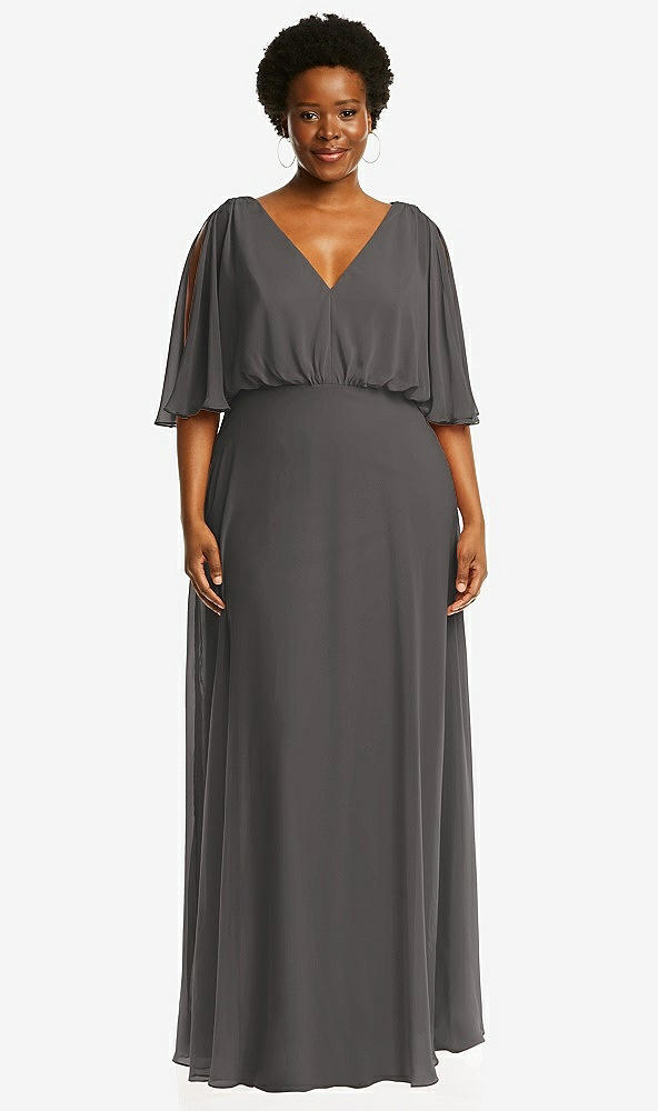 Front View - Caviar Gray V-Neck Split Sleeve Blouson Bodice Maxi Dress