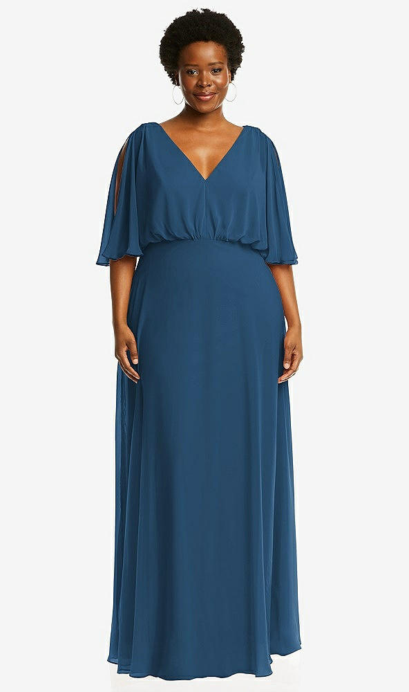 Front View - Dusk Blue V-Neck Split Sleeve Blouson Bodice Maxi Dress