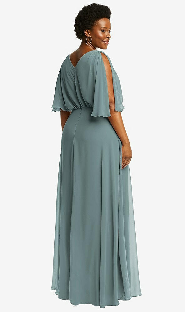 Back View - Icelandic V-Neck Split Sleeve Blouson Bodice Maxi Dress