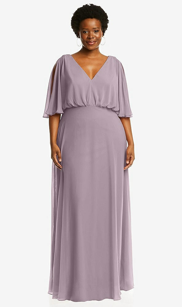 Front View - Lilac Dusk V-Neck Split Sleeve Blouson Bodice Maxi Dress