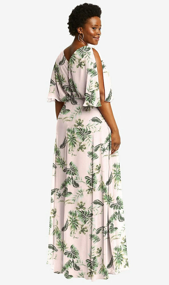 Back View - Palm Beach Print V-Neck Split Sleeve Blouson Bodice Maxi Dress