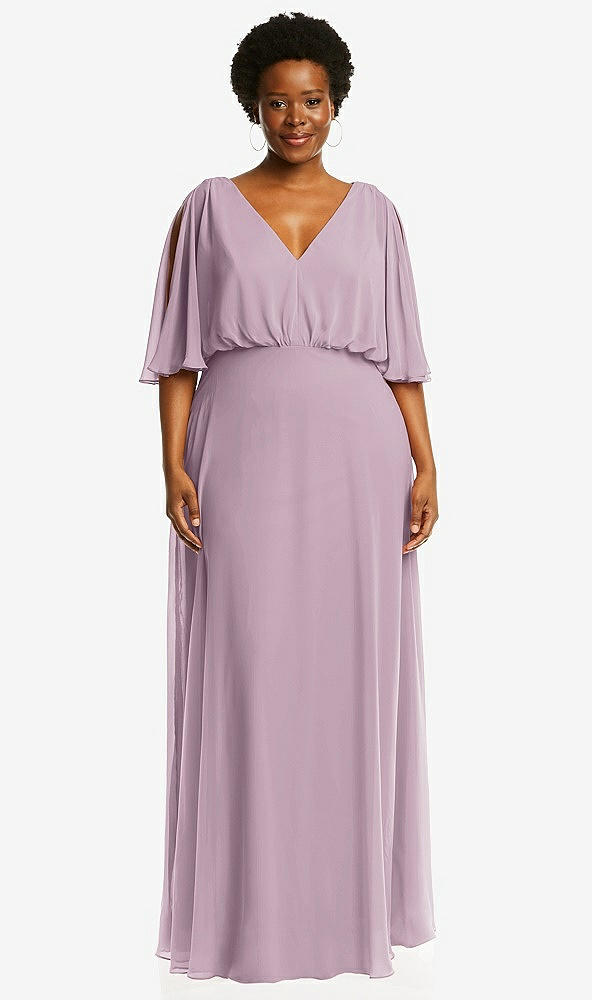 Front View - Suede Rose V-Neck Split Sleeve Blouson Bodice Maxi Dress