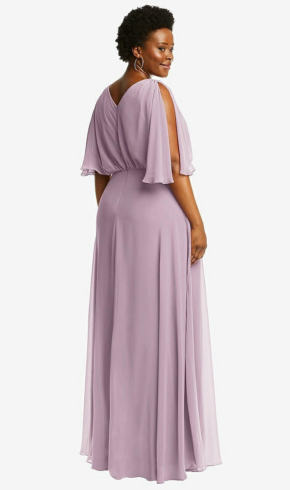 Back View - Suede Rose V-Neck Split Sleeve Blouson Bodice Maxi Dress