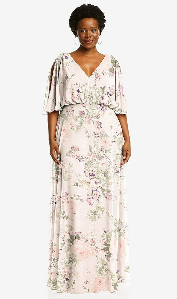 Front View - Blush Garden V-Neck Split Sleeve Blouson Bodice Maxi Dress