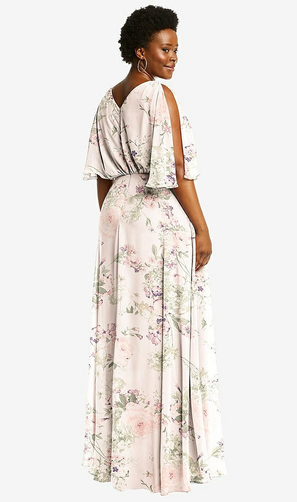 Back View - Blush Garden V-Neck Split Sleeve Blouson Bodice Maxi Dress