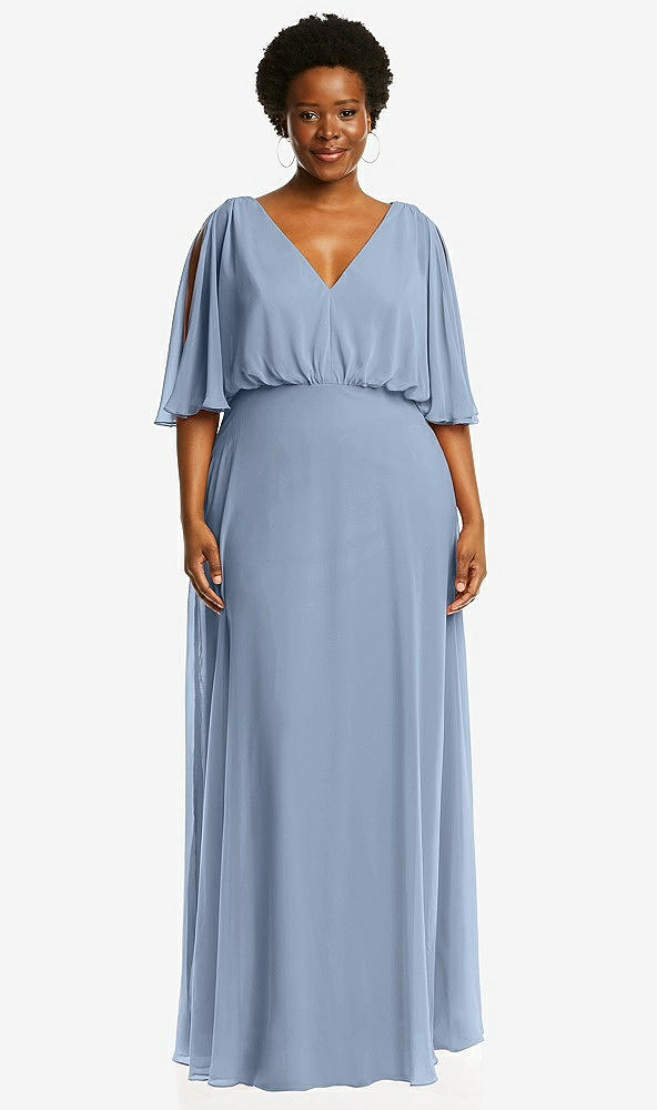 Front View - Cloudy V-Neck Split Sleeve Blouson Bodice Maxi Dress