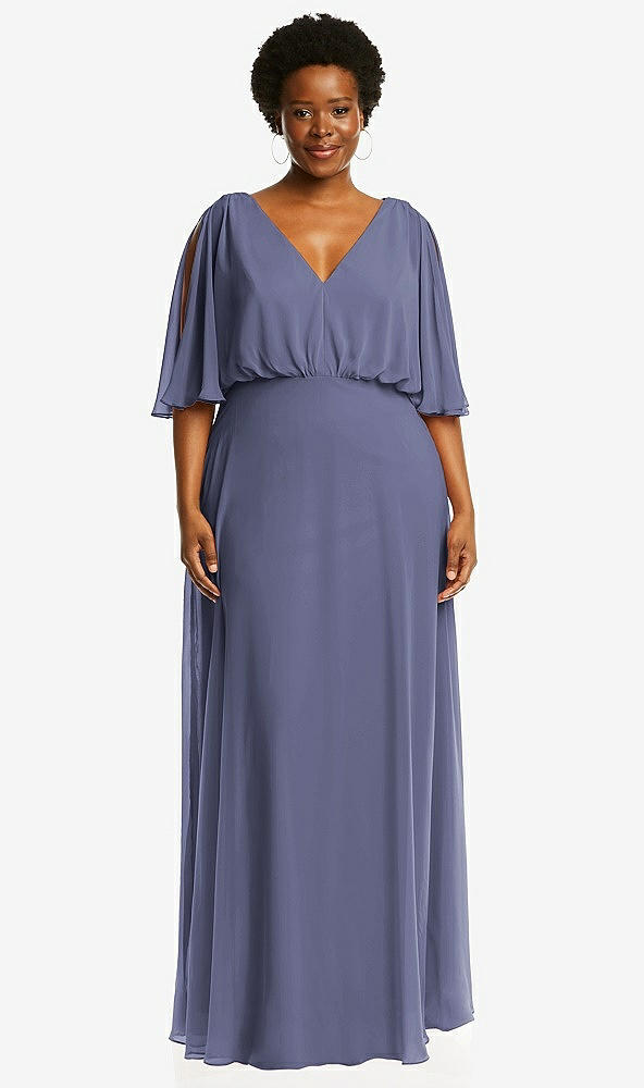 Front View - French Blue V-Neck Split Sleeve Blouson Bodice Maxi Dress