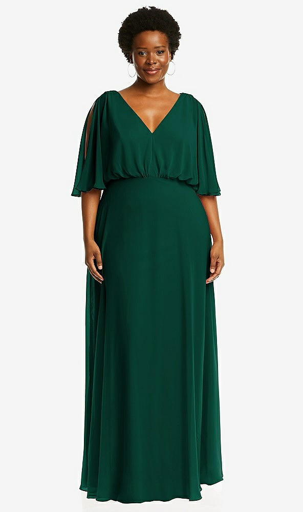 Front View - Hunter Green V-Neck Split Sleeve Blouson Bodice Maxi Dress