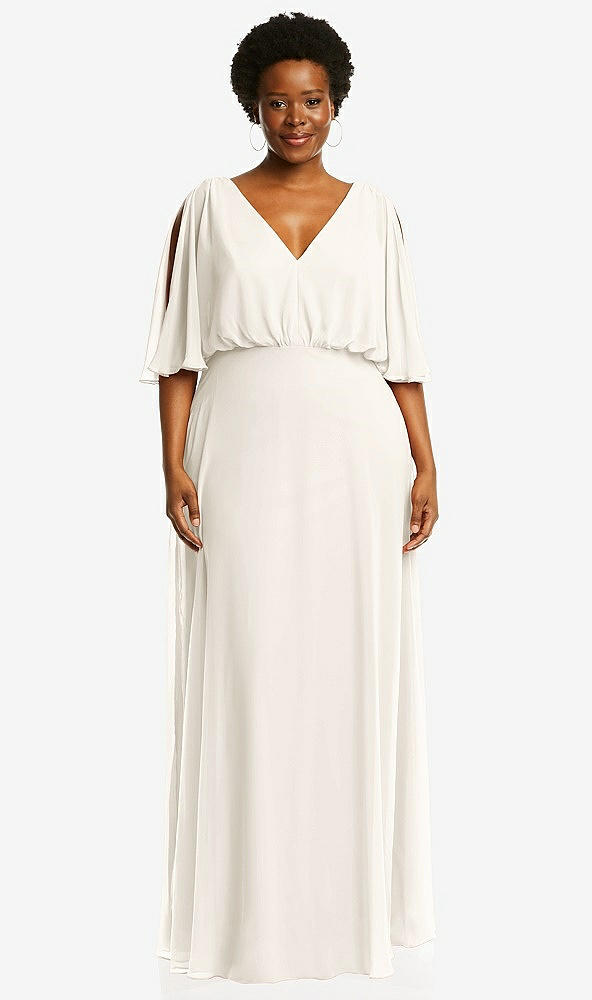 Front View - Ivory V-Neck Split Sleeve Blouson Bodice Maxi Dress