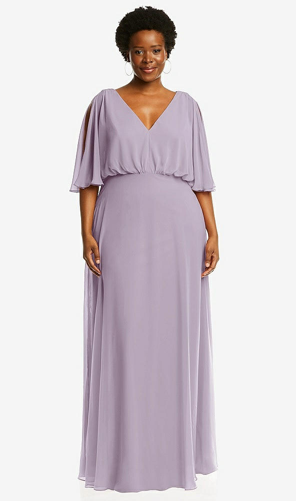 Front View - Lilac Haze V-Neck Split Sleeve Blouson Bodice Maxi Dress