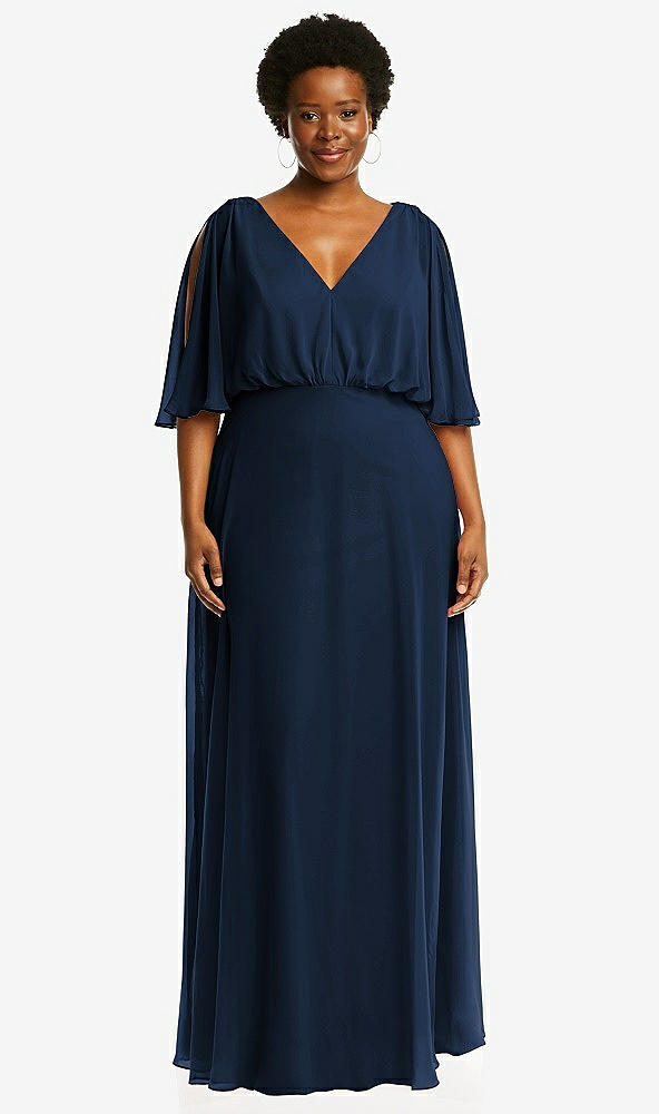 Front View - Midnight Navy V-Neck Split Sleeve Blouson Bodice Maxi Dress