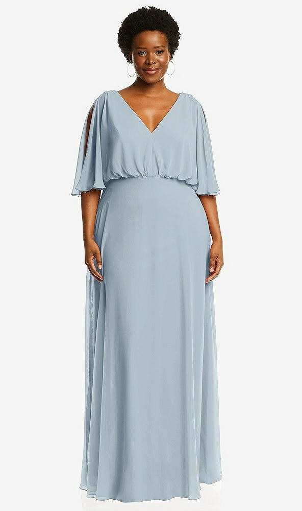 Front View - Mist V-Neck Split Sleeve Blouson Bodice Maxi Dress