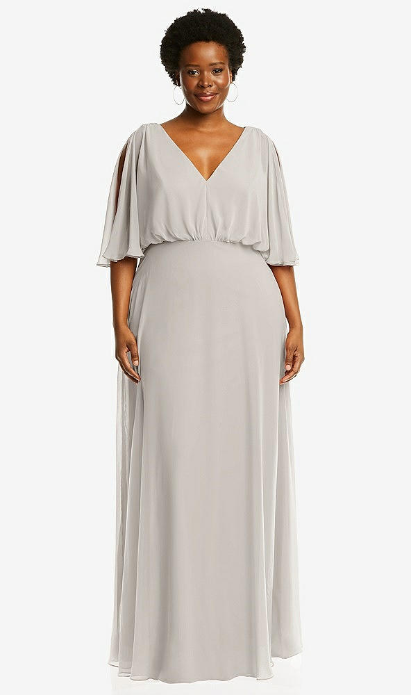 Front View - Oyster V-Neck Split Sleeve Blouson Bodice Maxi Dress