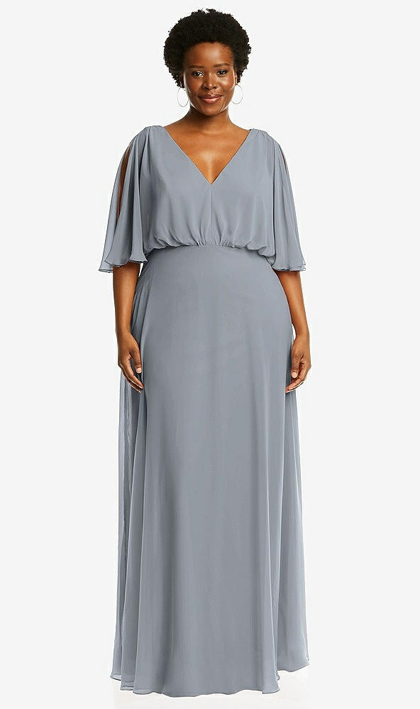 Front View - Platinum V-Neck Split Sleeve Blouson Bodice Maxi Dress