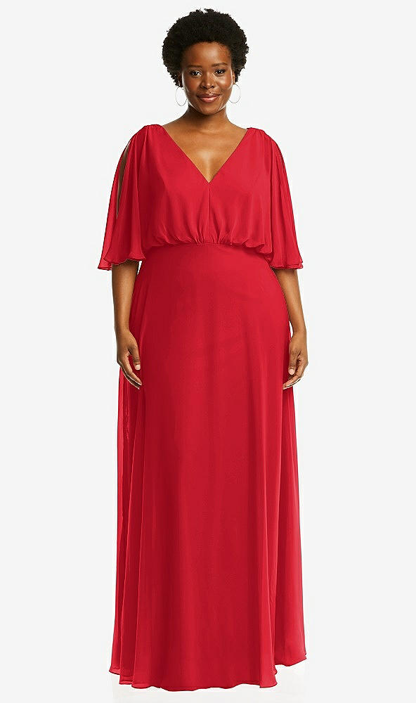 Front View - Parisian Red V-Neck Split Sleeve Blouson Bodice Maxi Dress