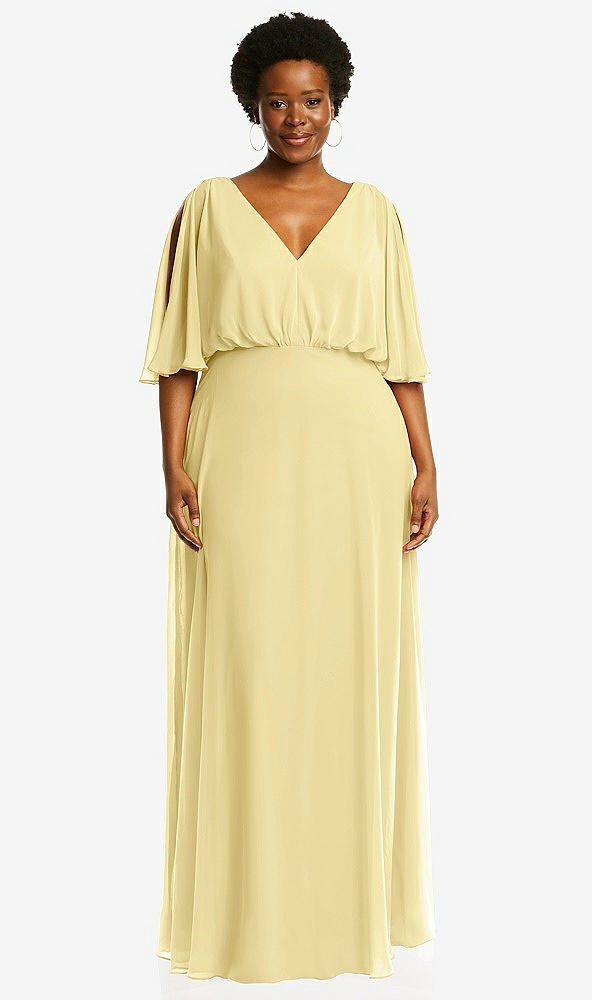 Front View - Pale Yellow V-Neck Split Sleeve Blouson Bodice Maxi Dress