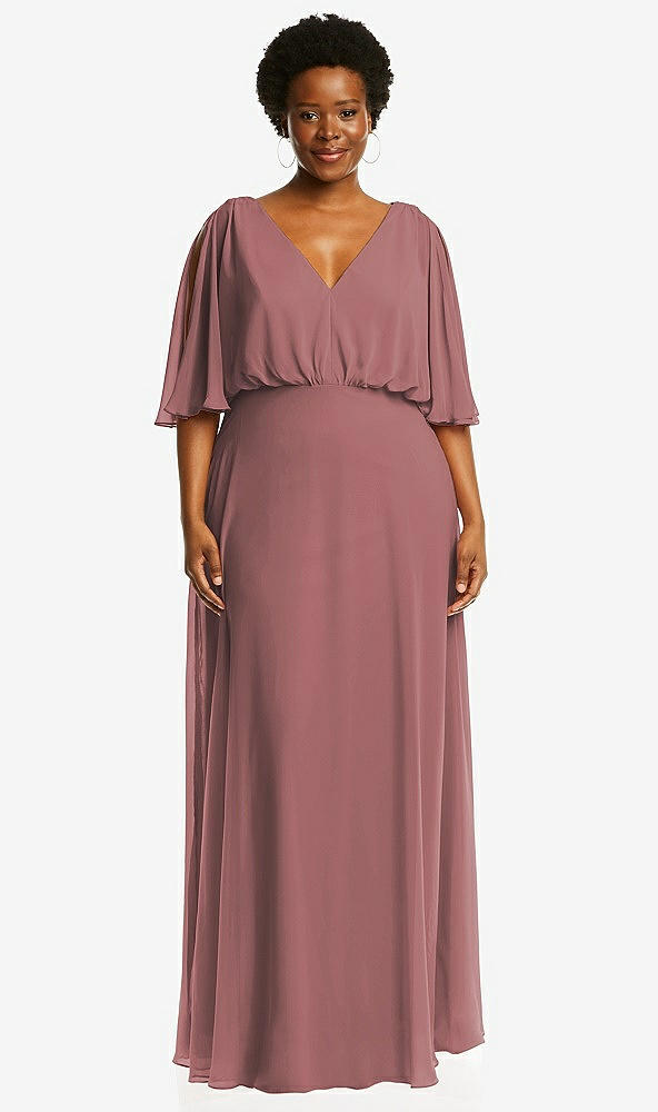 Front View - Rosewood V-Neck Split Sleeve Blouson Bodice Maxi Dress